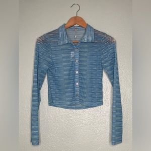 NWT | Free People Retro Inspired Cropped Button Down Blouse w Blue Squiggles| S